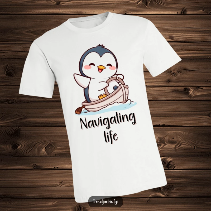 Funny t-shirt featuring a happy penguin character comically attempting to steer a tiny boat with determination.