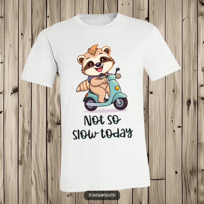 Funny sloth character caught in motion, zooming on a scooter, printed on a comfortable T-shirt, conveying playful energy.
