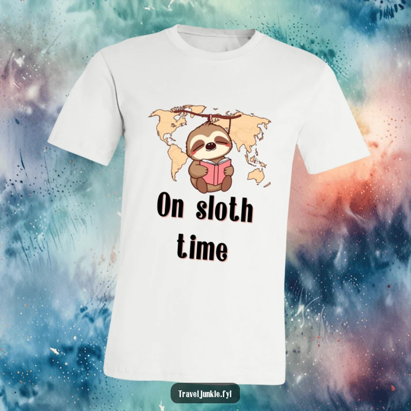 Funny sleepy sloth dangling from a world map, holding a journal, on a humorous and comfortable t-shirt.