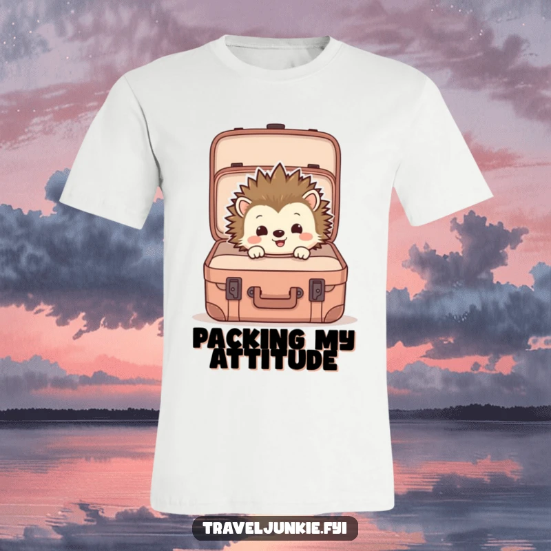 Funny t-shirt depicts a hedgehog curiously looking into a large suitcase, perfect for travelers who enjoy humorous designs.