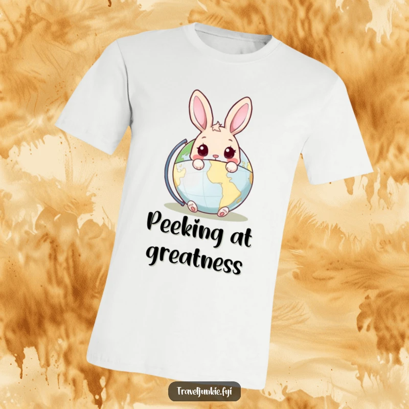 Funny Rabbit T-Shirt: A playful t-shirt featuring a curious rabbit peeking from behind a detailed world globe, symbolizing exploration.