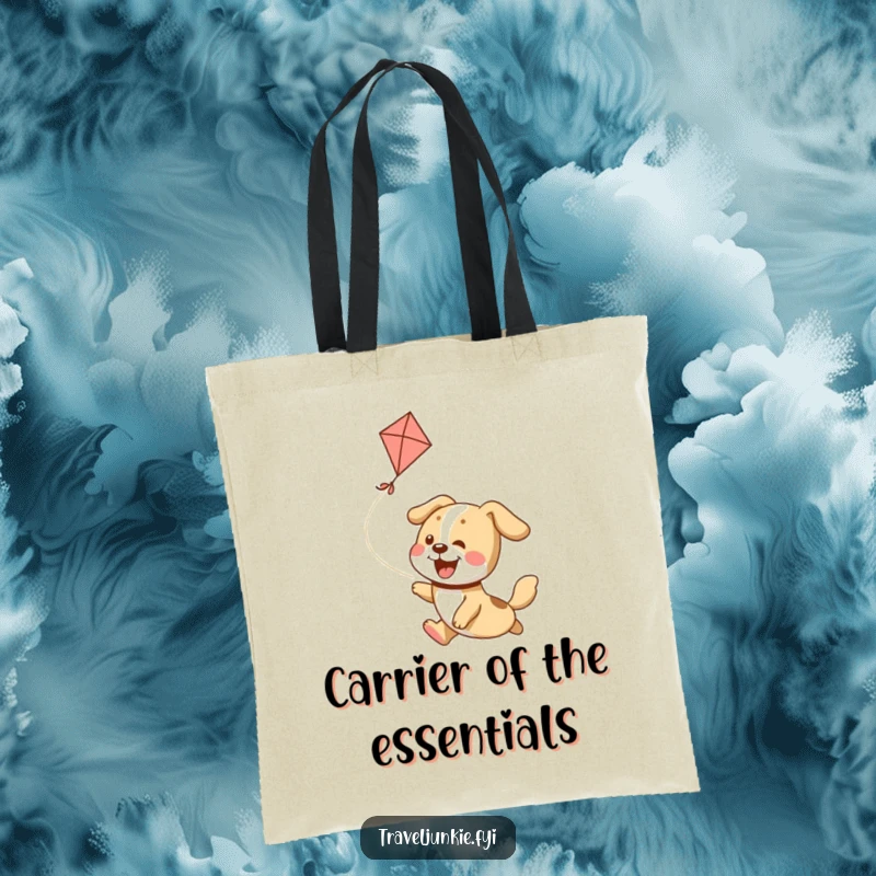 Funny Tote Bag showcasing a happy dog mid-leap, playfully chasing a kite against a cheerful background.