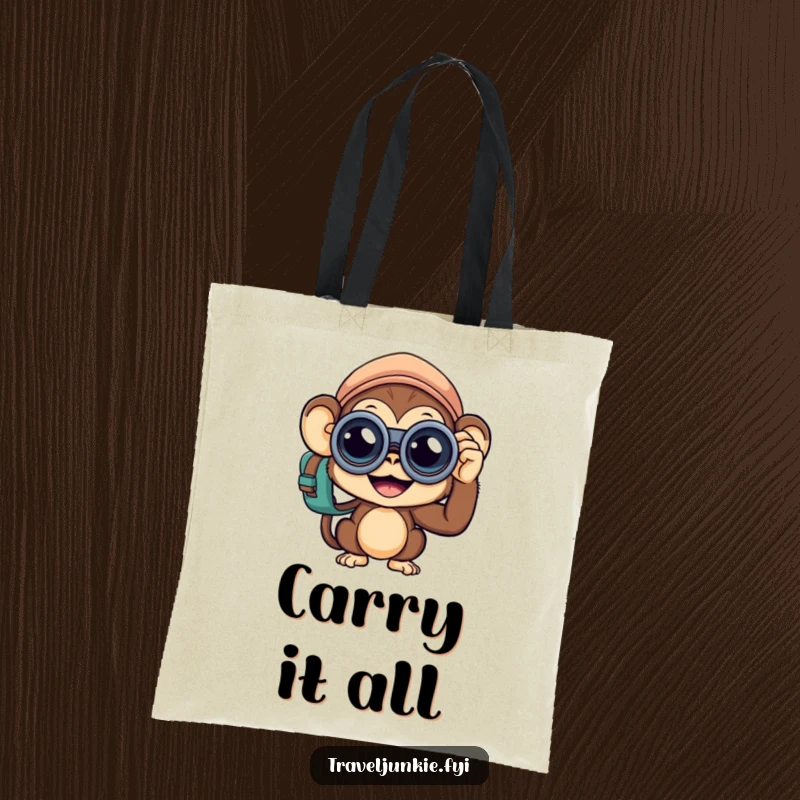 Funny Monkey Traveler Tote Bag: A curious monkey with binoculars, perfect for carrying essentials on adventures, a great funny gift.