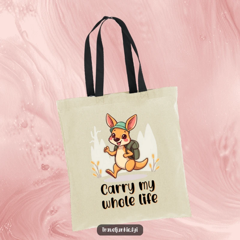 Funny Tote Bag: A cheerful kangaroo explorer hops along with a backpack, ready for funny errands.
