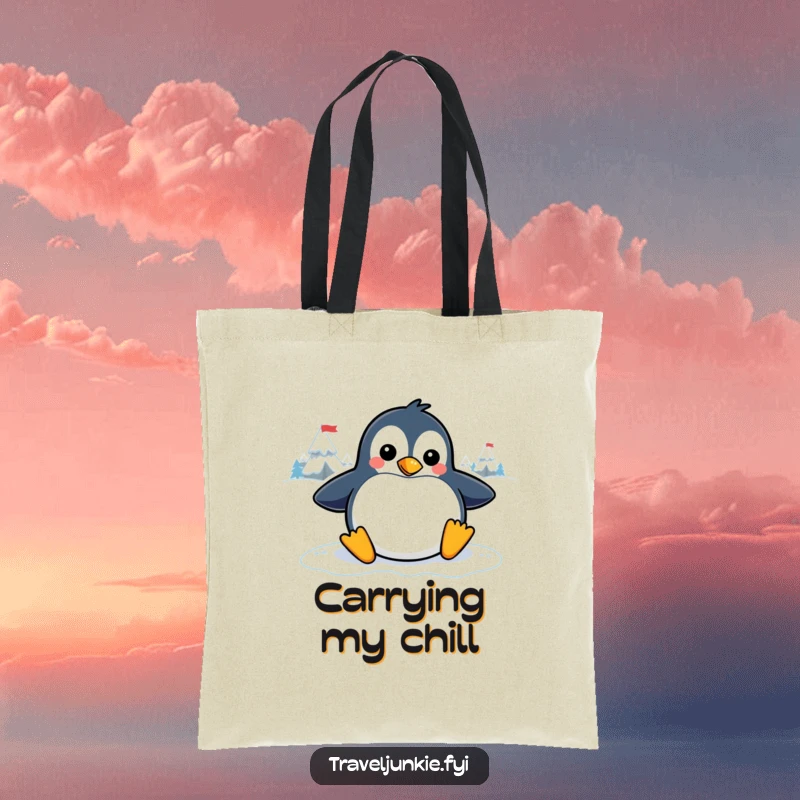 Funny penguin tote bag with a playful character sliding on an icy graphic, ideal for carrying items with a humorous winter theme.