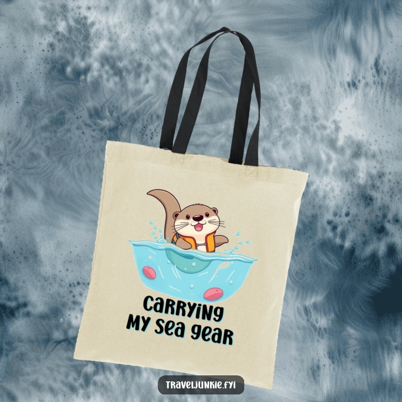 Funny otter in a life vest, comically diving into a tiny ocean, a humorous and practical tote bag.