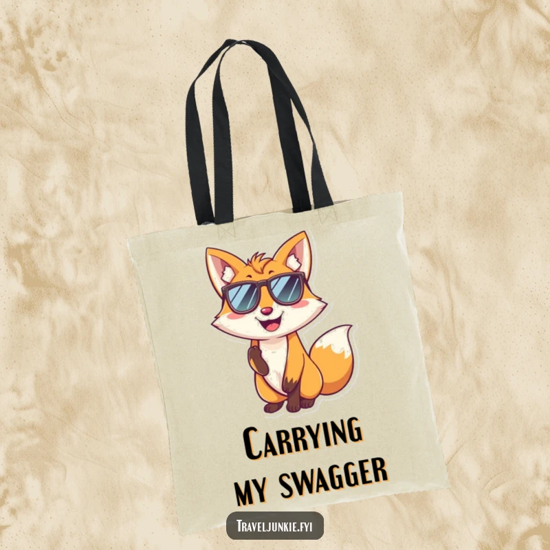 Funny fox tote bag featuring a smiling character in sunglasses striking a cool pose, perfect for carrying items with humorous style.