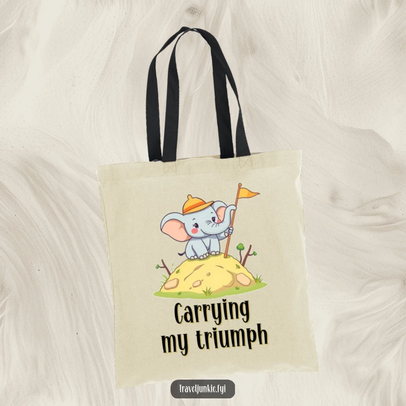 Funny Elephant Explorer Tote Bag: A joyful elephant planting a flag, perfect for carrying essentials, a great funny gift.