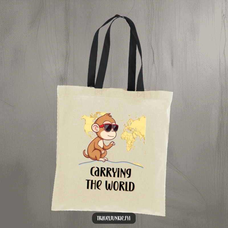 Funny monkey wearing sunglasses, looking at a world map, ideal for carrying travel gear, humorous tote bag.