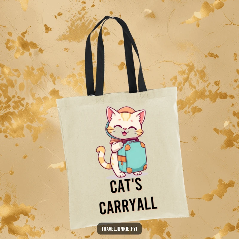 Funny tote bag featuring a playful cat character eagerly packing a travel bag, ready for any trip.