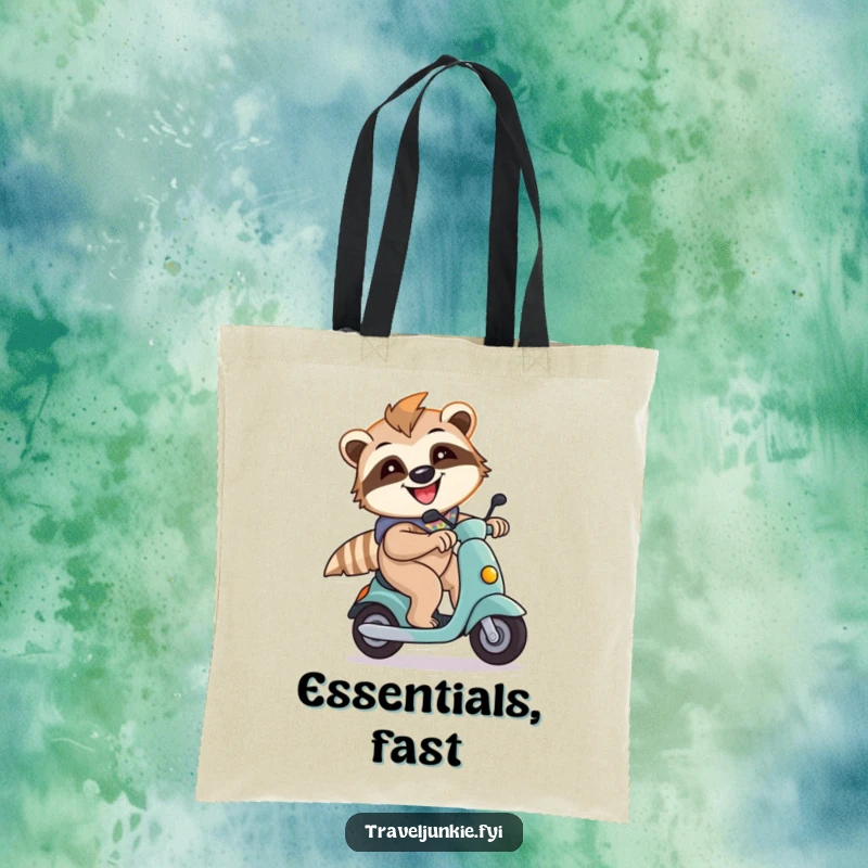 Funny, energetic sloth character riding a scooter, printed on a durable tote bag, perfect for shopping and errands.