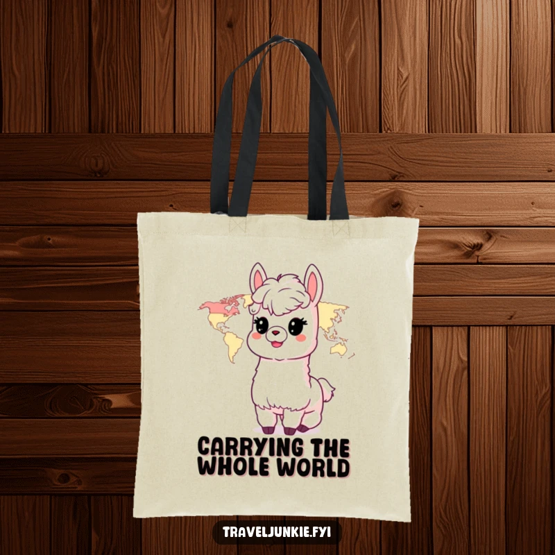 Funny Alpaca Tote Bag: A delighted alpaca character is eager to explore the world, depicted on this handy tote.