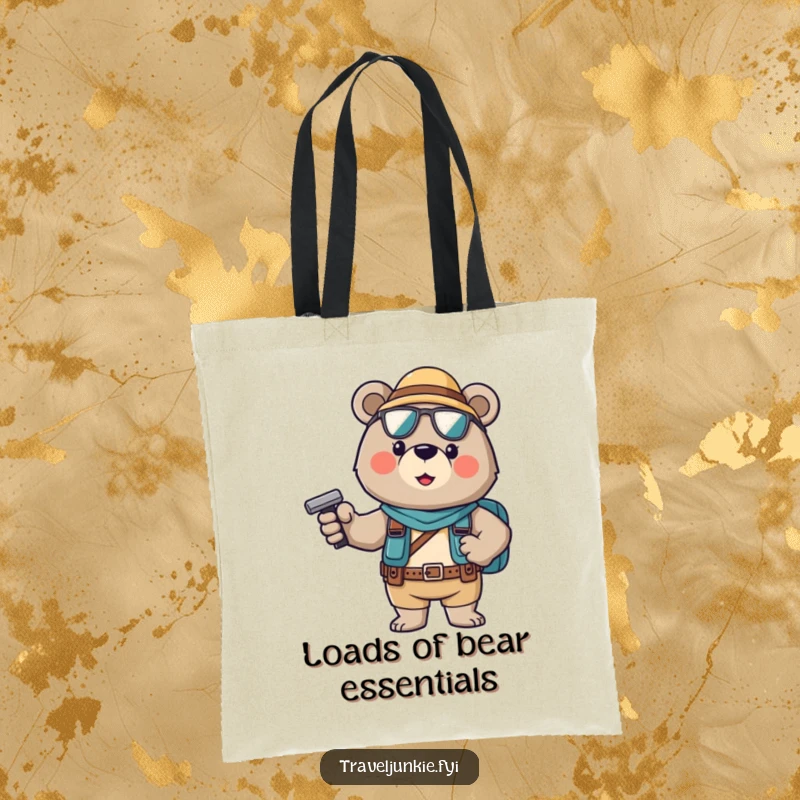 Funny Tote Bag: A brave bear tourist in a confident pose, showcasing a bold and adventurous spirit.