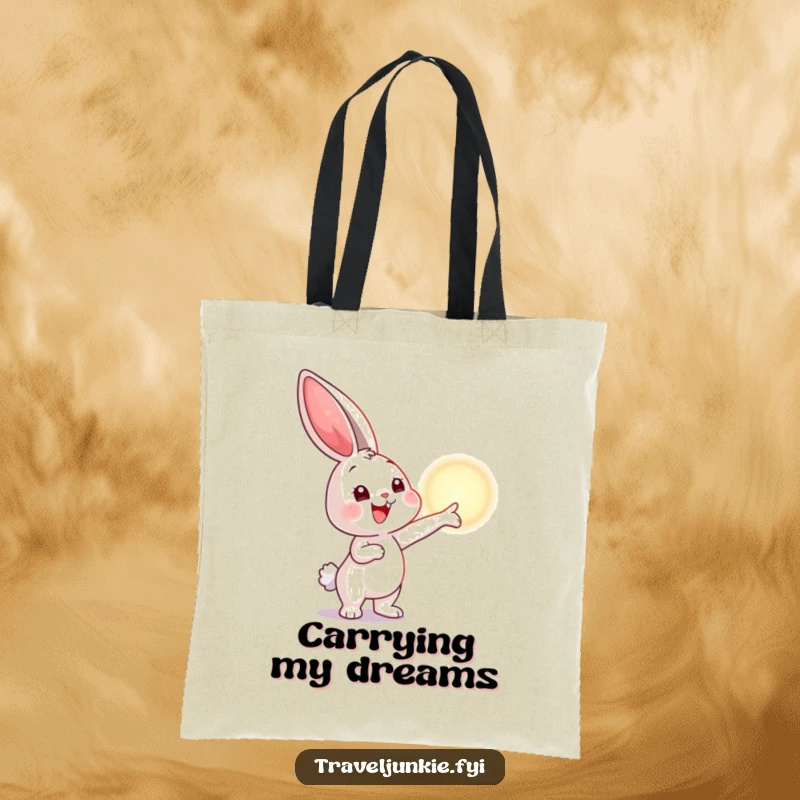 Funny tote bag showing a bunny pointing at a shimmering horizon, perfect for carrying items with an inspirational and humorous design.