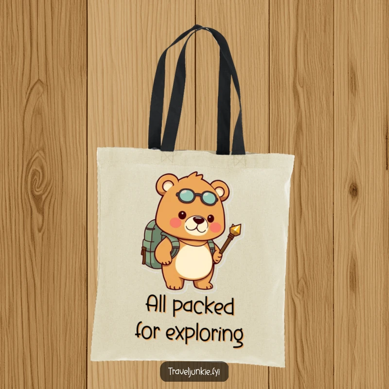 Funny tote bag depicts a determined bear with a backpack and compass, ready for humorous expeditions and everyday use.