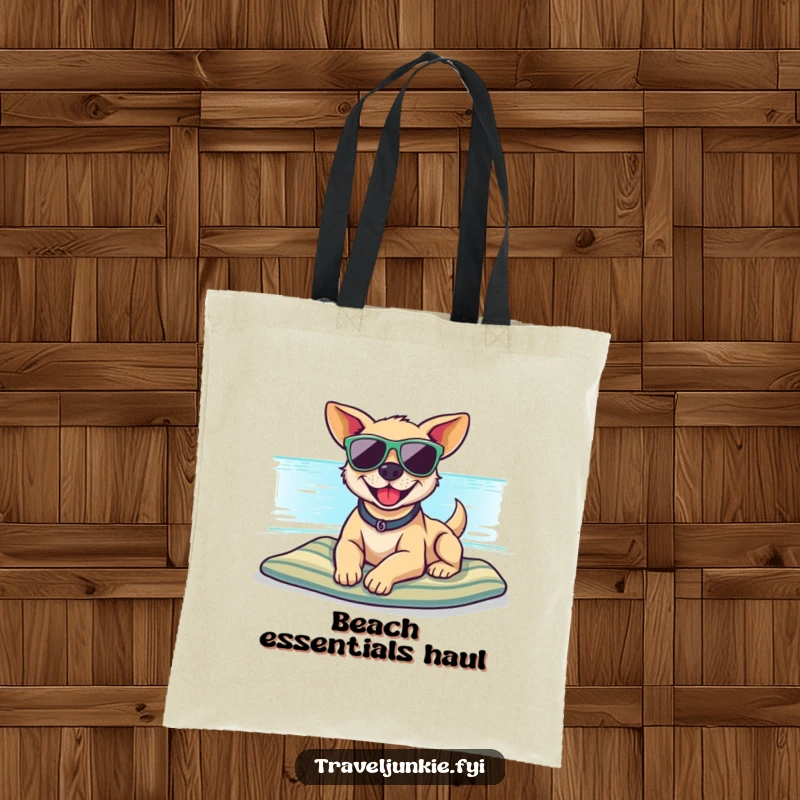 Funny tote bag with a smiling dog wearing sunglasses on a beach, ideal for carrying items with a cool, funny vibe.