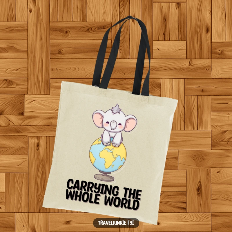 Funny Elephant Globe Tote Bag: Cute calf balancing on a world map, combining travel and humor, excellent funny gift.
