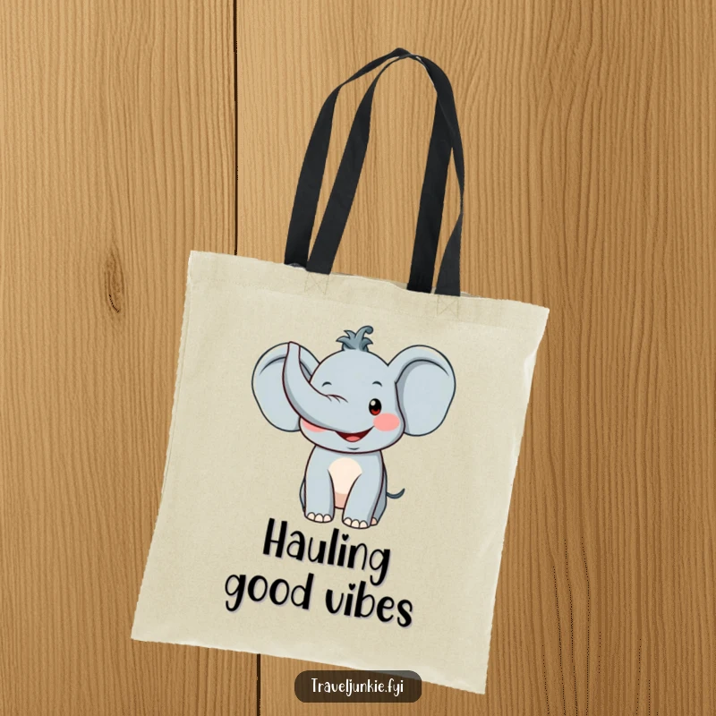 Funny Elephant Tote Bag: A spacious tote featuring a smiling elephant character with its trunk raised in a happy, welcoming greeting.