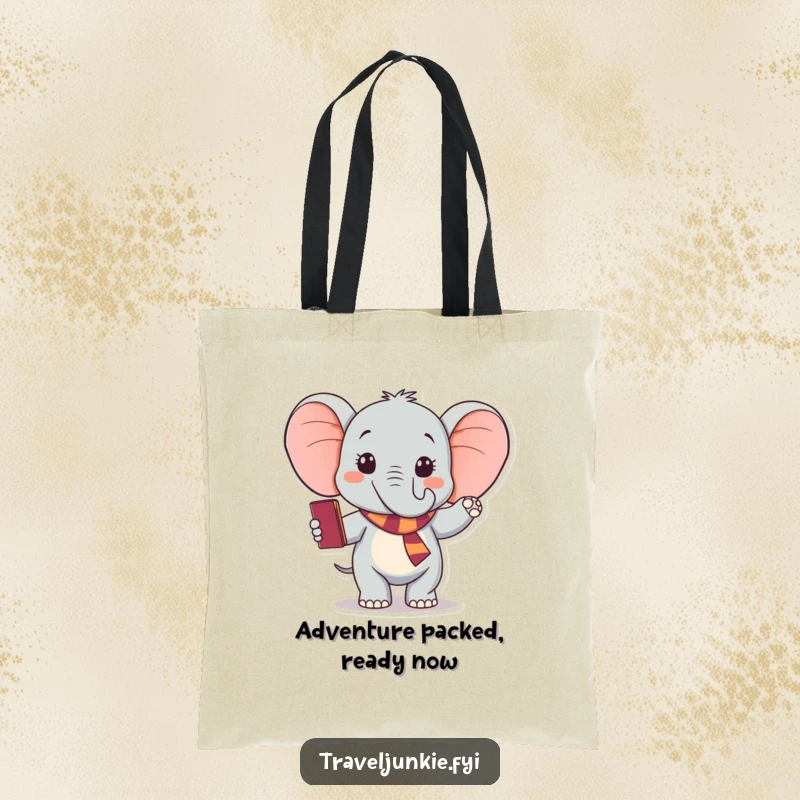 Funny elephant tote bag, perfect for carrying travel essentials, with an excited character waving goodbye, a humorous gift.