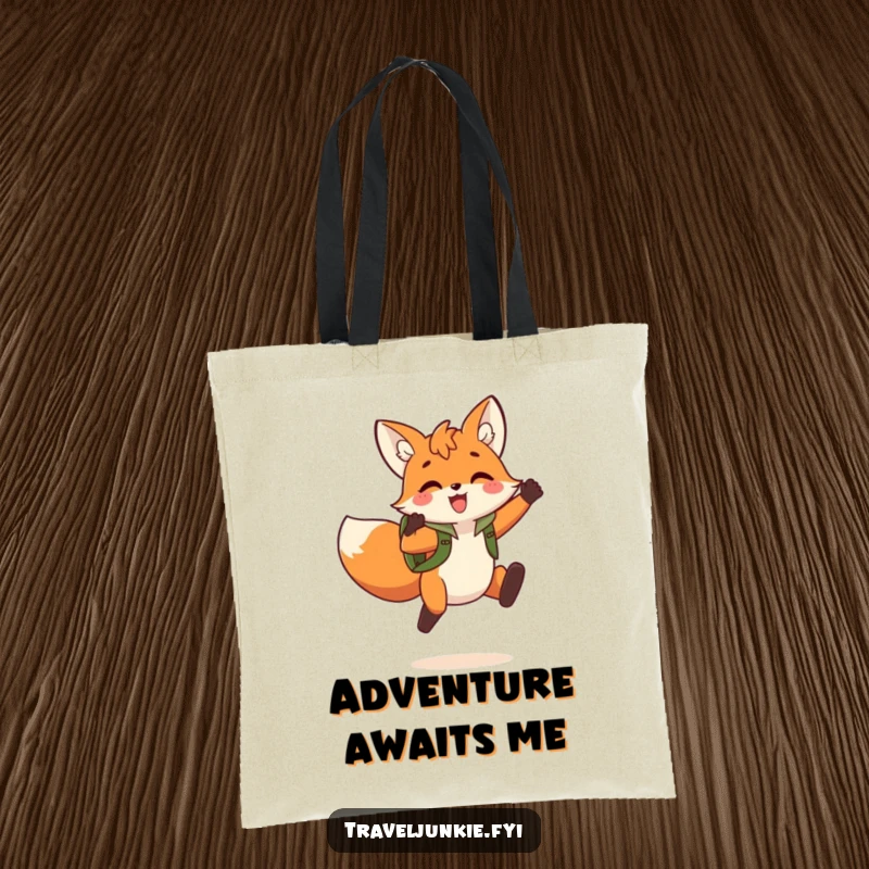 Funny Fox Jump Tote Bag: A versatile tote bag featuring a playful fox with a backpack leaping triumphantly, ideal for adventurers.