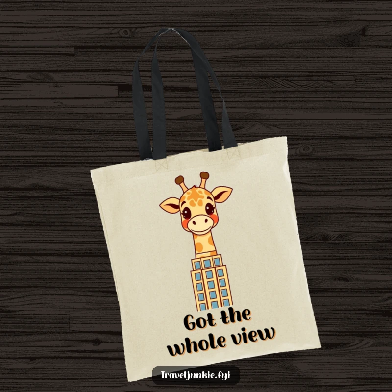 Funny giraffe tote bag with a cheerful character peering over a stylized skyscraper, ideal for carrying items with a humorous urban theme.
