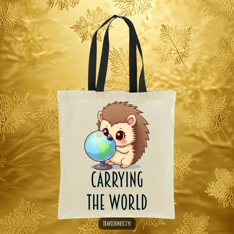 Funny hedgehog tote bag featuring a curious character with wide eyes, examining a globe, perfect for carrying items with humorous exploration.