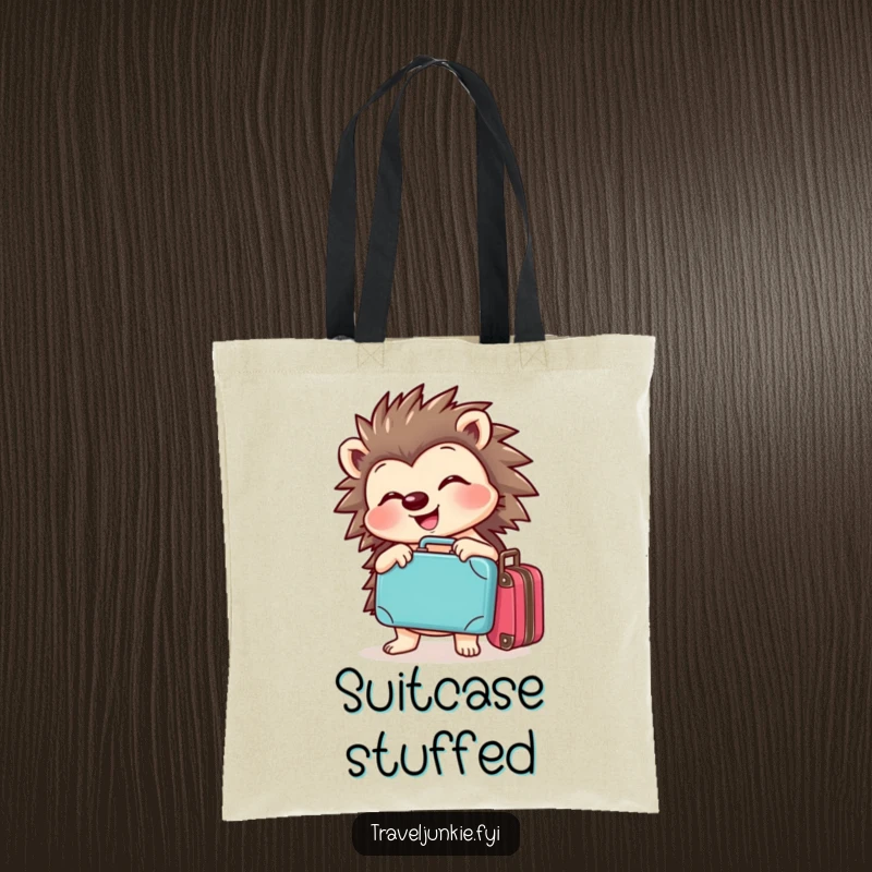 Funny hedgehog tote bag with a cheerful character joyfully posing with a tiny suitcase, perfect for travel essentials.