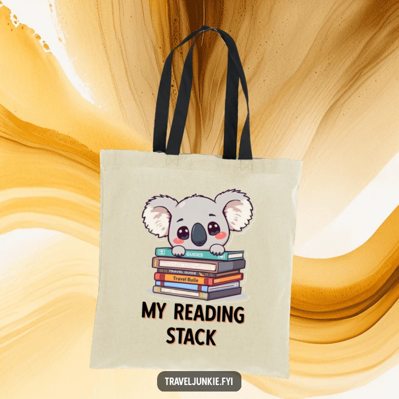 Funny koala peeking from travel guides with big eyes, on a durable and charming tote bag.
