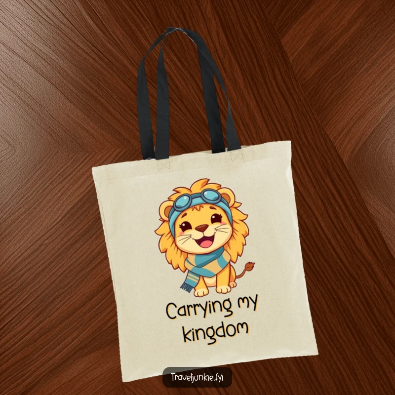 Funny Lion Travel Tote Bag: A versatile tote bag featuring a happy, smiling lion wearing a travel scarf, ideal for travelers.