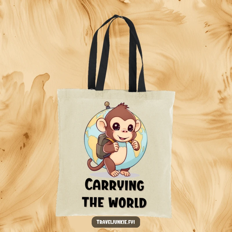 Funny tote bag: a curious monkey with a backpack peeks from behind a globe, perfect for carrying adventure essentials.
