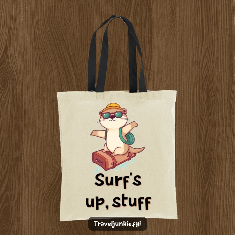 Funny Otter Surfer Tote Bag: A playful otter surfing on a suitcase, perfect for carrying essentials, a great funny gift.