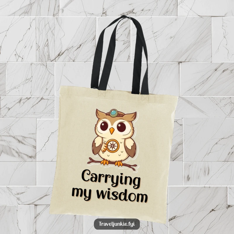Funny Owl Navigator Tote Bag: A determined owl holding a compass, ready for any journey, a practical and funny accessory.