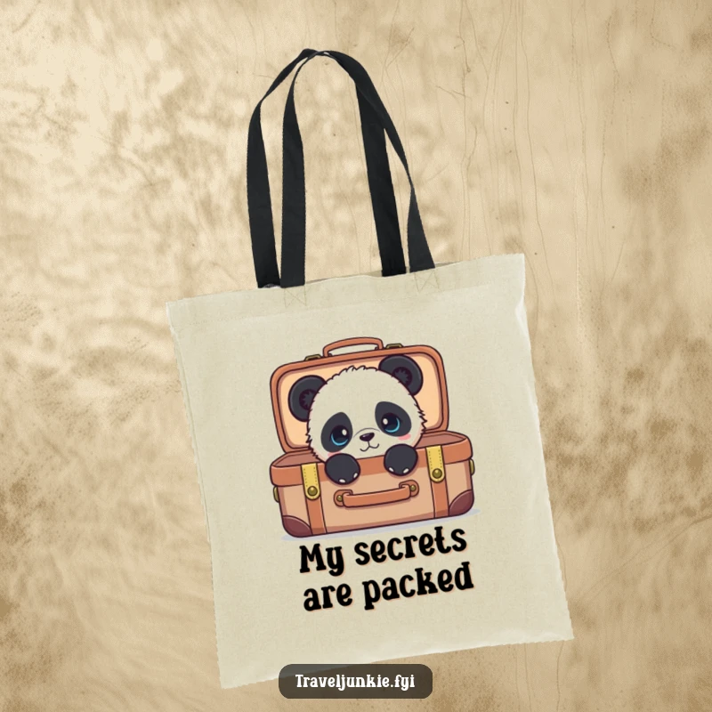 Funny panda tote bag, perfect for carrying essentials, with a curious character peeking from a suitcase, a humorous gift.