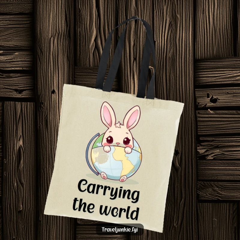 Funny Rabbit Tote Bag: A practical tote featuring a curious rabbit peeking from behind a world globe, great for travelers.