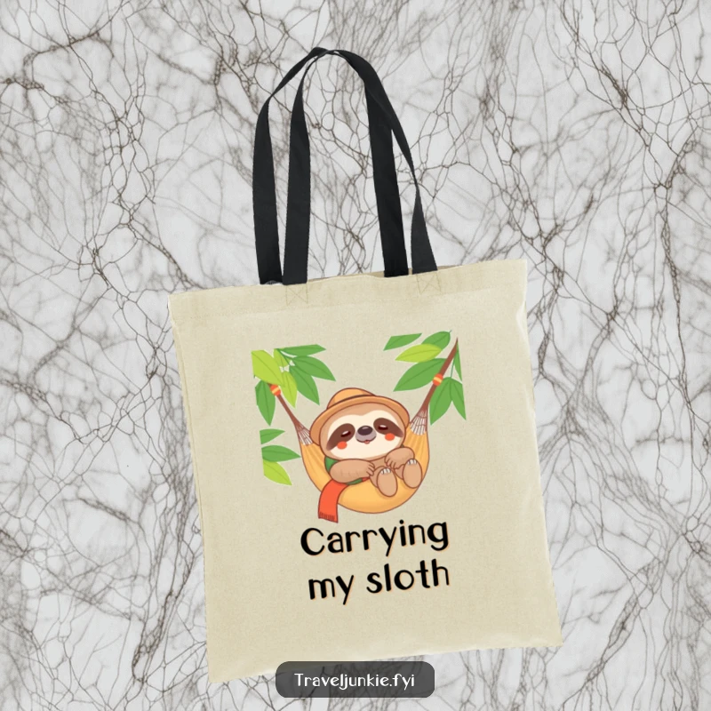 Funny Sloth Traveler Tote Bag: A content sloth relaxing in a hammock, perfect for carrying essentials, a great funny gift.