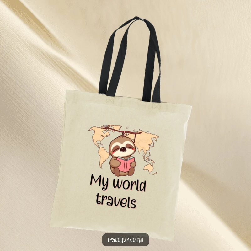 Funny sloth dangling from a world map, holding a journal, on a humorous and durable tote bag.