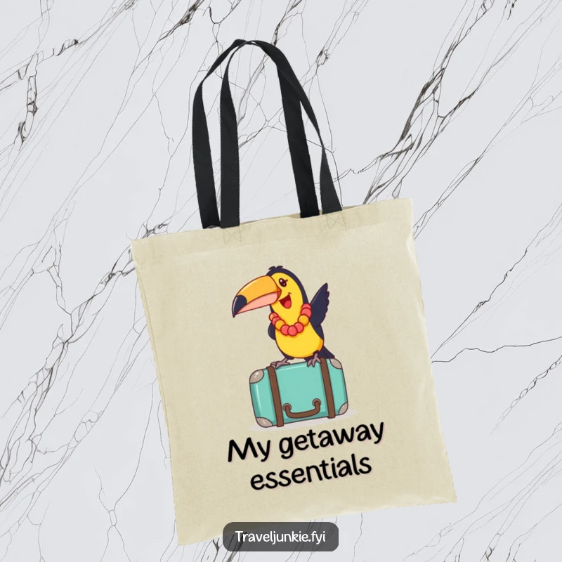 Funny toucan wearing a lei, playfully balancing on a suitcase, perfect for daily travel, on a durable tote bag.