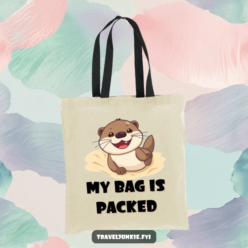 Funny tote bag showing a happy otter sliding down a sand dune, perfect for carrying items with a beachy, humorous design.