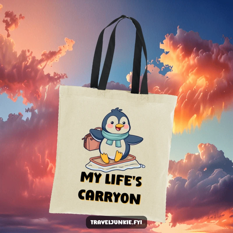 Funny penguin character sliding with a travel bag, showcasing a happy and energetic vibe, perfect for a funny gift tote.