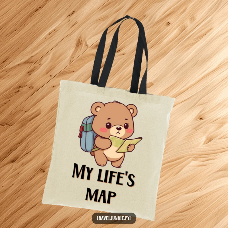 Funny bear tote bag featuring a determined character with a backpack, studying a map, ideal for carrying essentials on humorous journeys.