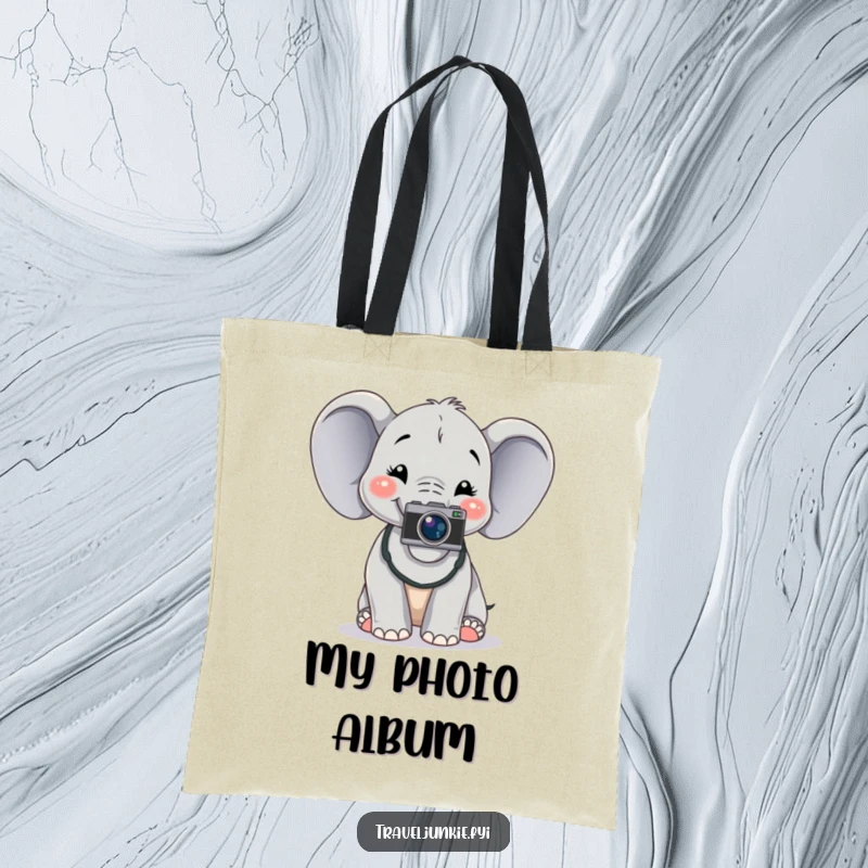 Funny elephant with a camera around its neck, posing for a photo, ideal for carrying camera gear, humorous tote bag.
