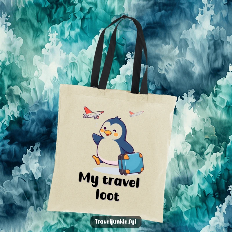 Funny penguin character with a suitcase waddling towards a plane, featured on a durable and charming tote bag.