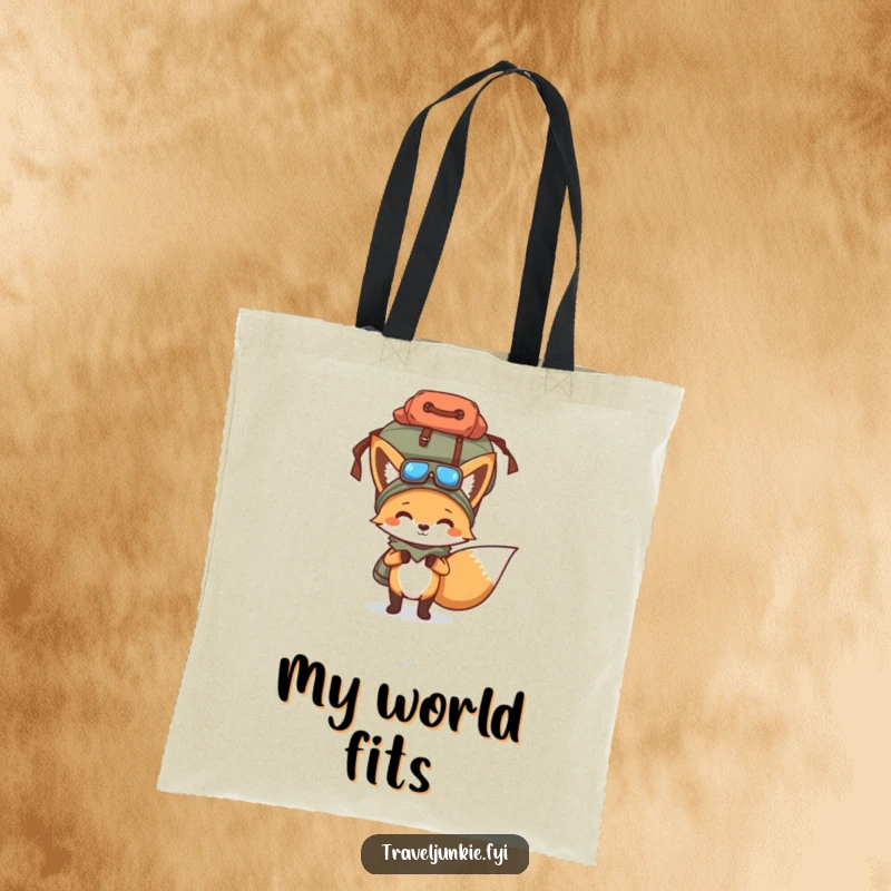 Funny tote bag featuring a determined fox balancing a large, overflowing travel bag on its head, a humorous accessory for shoppers.