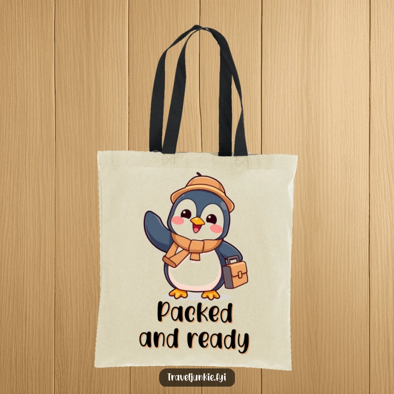 Funny penguin with a suitcase waving goodbye, ideal for carrying travel essentials, a humorous tote bag.