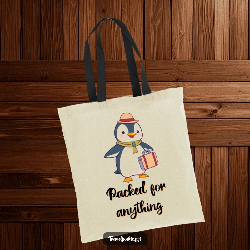 Funny penguin tourist tote bag, holding a tiny suitcase, durable and spacious, perfect for travel essentials.